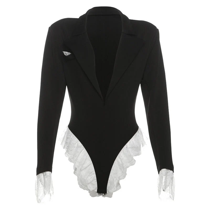 Fairycore turnover collar long sleeve lace hem bodysuit
