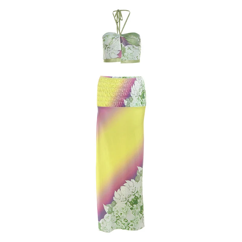 Fairycore maxi rok set met bloemenprint en gesmokte mesh