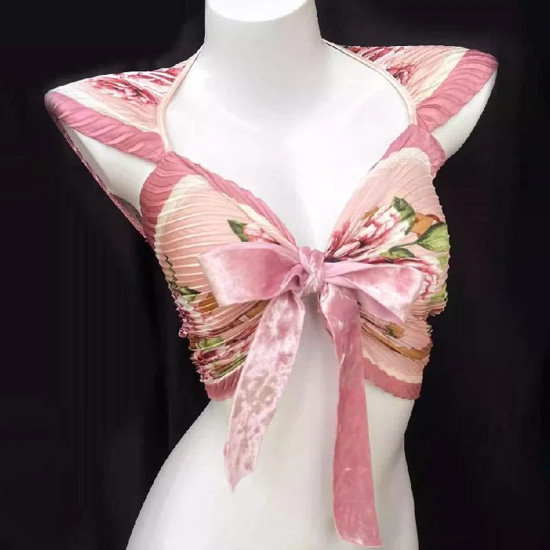 Fairycore top met strik, ruches en bloemenprint