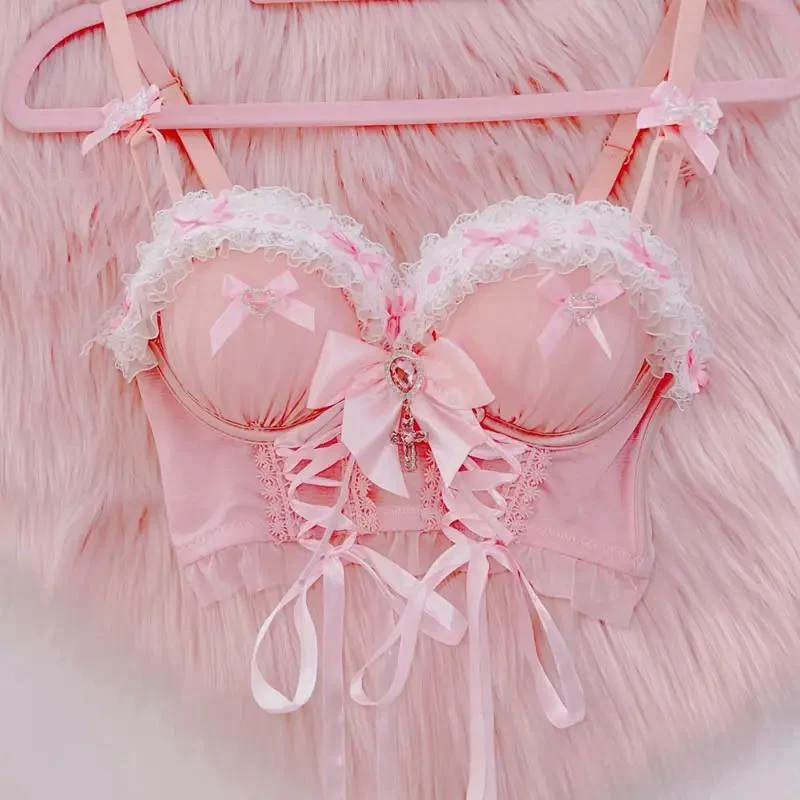 Fairycore cami top met strik en vetersluiting en V-hals