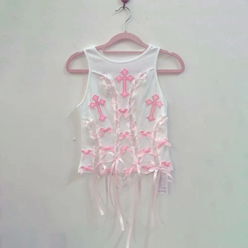 Fairycore bowknot cross pattern ribbon top