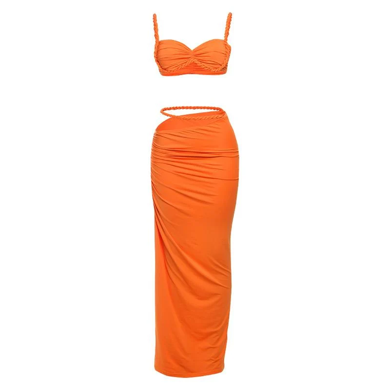 Goth hollow out ruched maxi skirt set