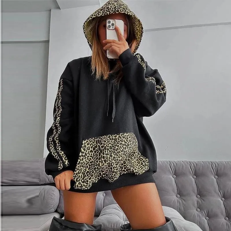 Grunge leopard print pocket hoodie top