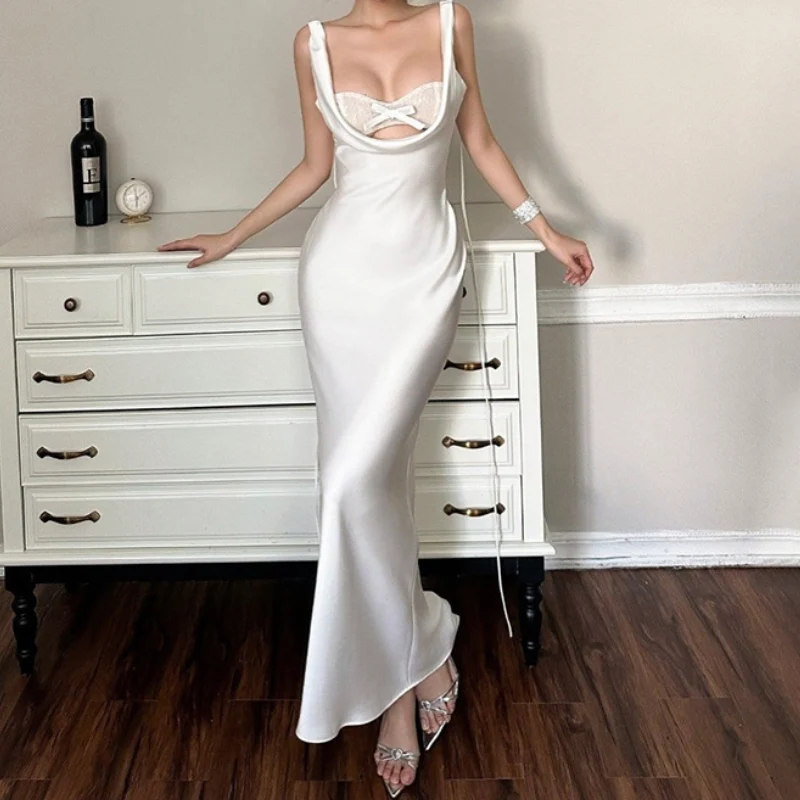 Fairycore cowl neck bowknot satin maxi dress