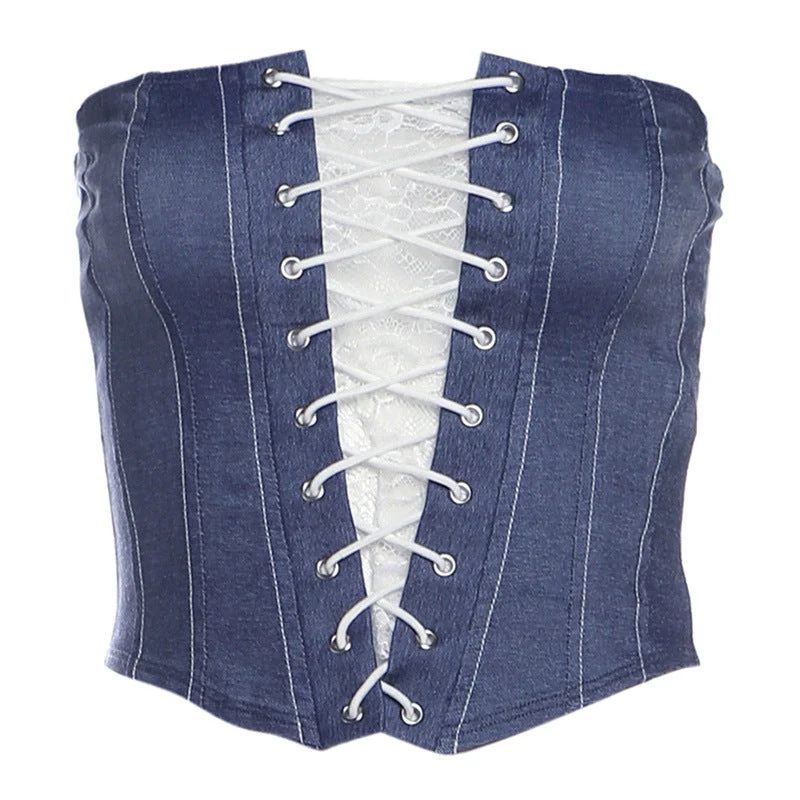 Denim tubetop met veter en kanten zoom