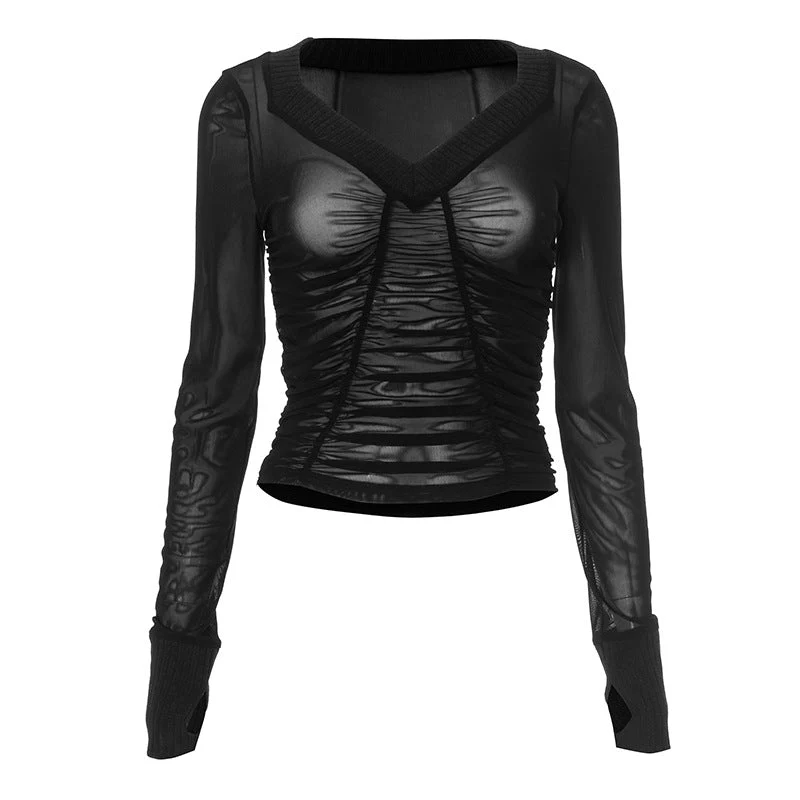 Goth ruched mesh v neck gloves top
