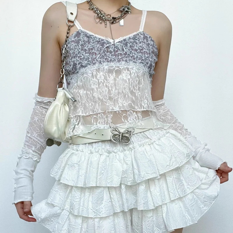 Fairycore lace patchwork see through low cut cami top