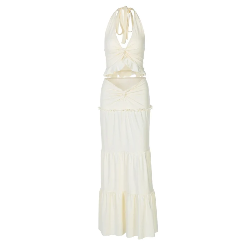 Halter V-hals ruches gerimpelde maxi-jurk rok set