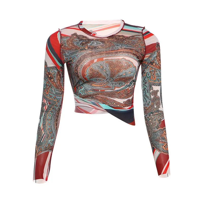 Top met lange mouwen en ronde hals en abstracte print van mesh