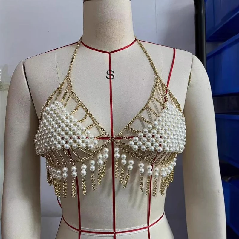 Goth halter tassels beaded hollow out top