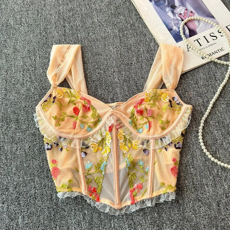 Fairycore mesh cami top met bloemenborduurwerk