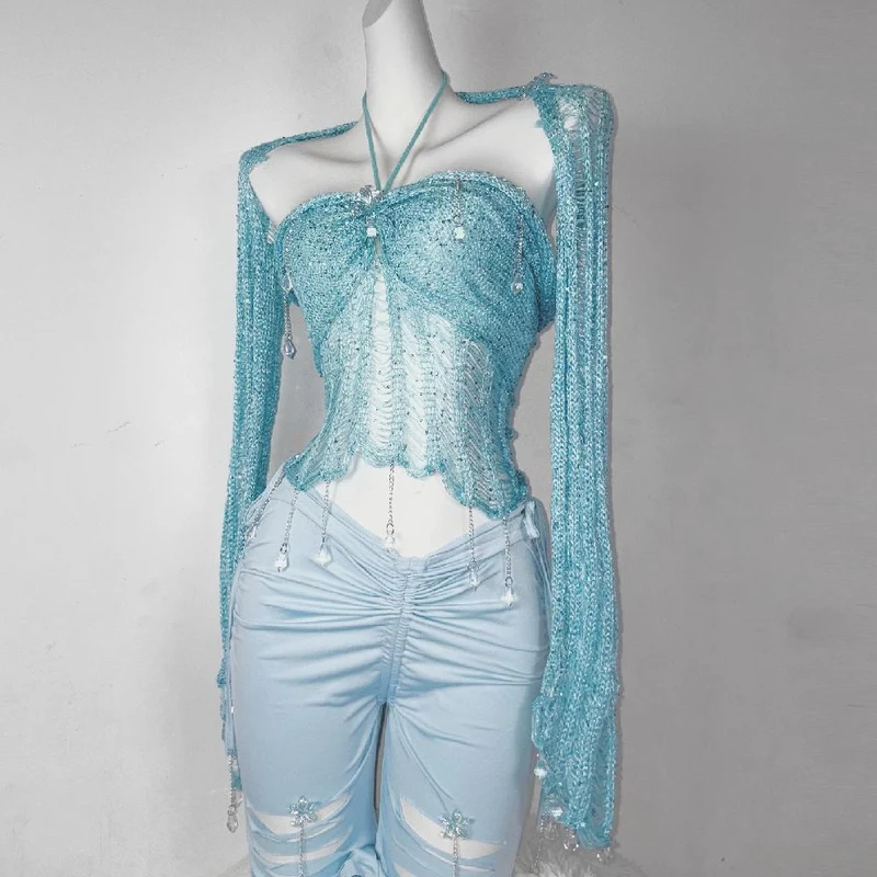 Y2K halter knotted crystal pendant shrug hollow out ruched top