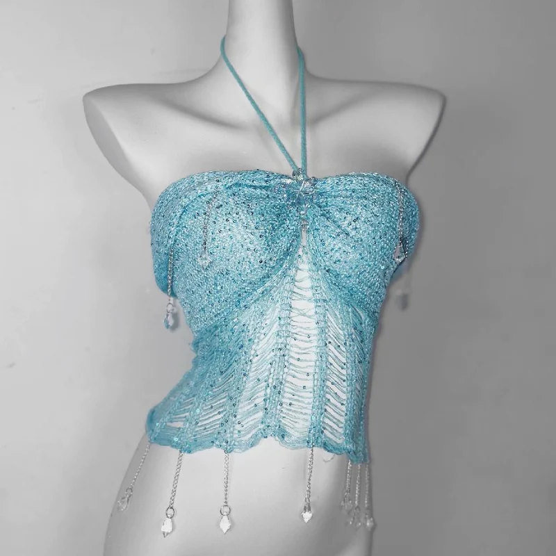 Y2K halter knotted crystal pendant shrug hollow out ruched top