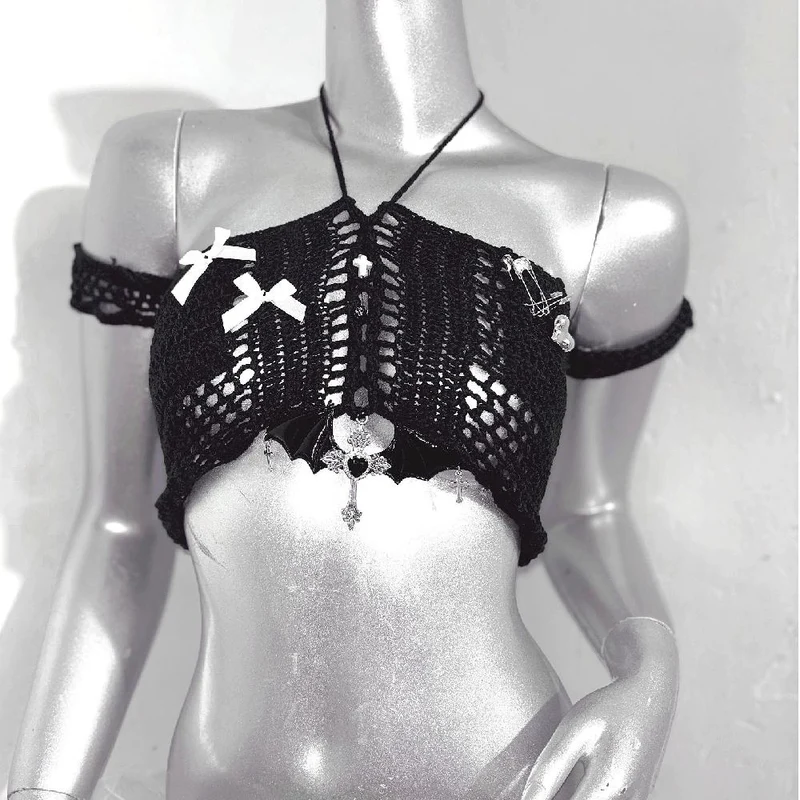 Fairycore halter bowknot hollow out knotted tassels top