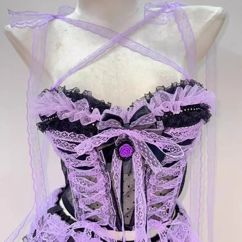 Fairycore top met gekruiste kanten zoom en strik