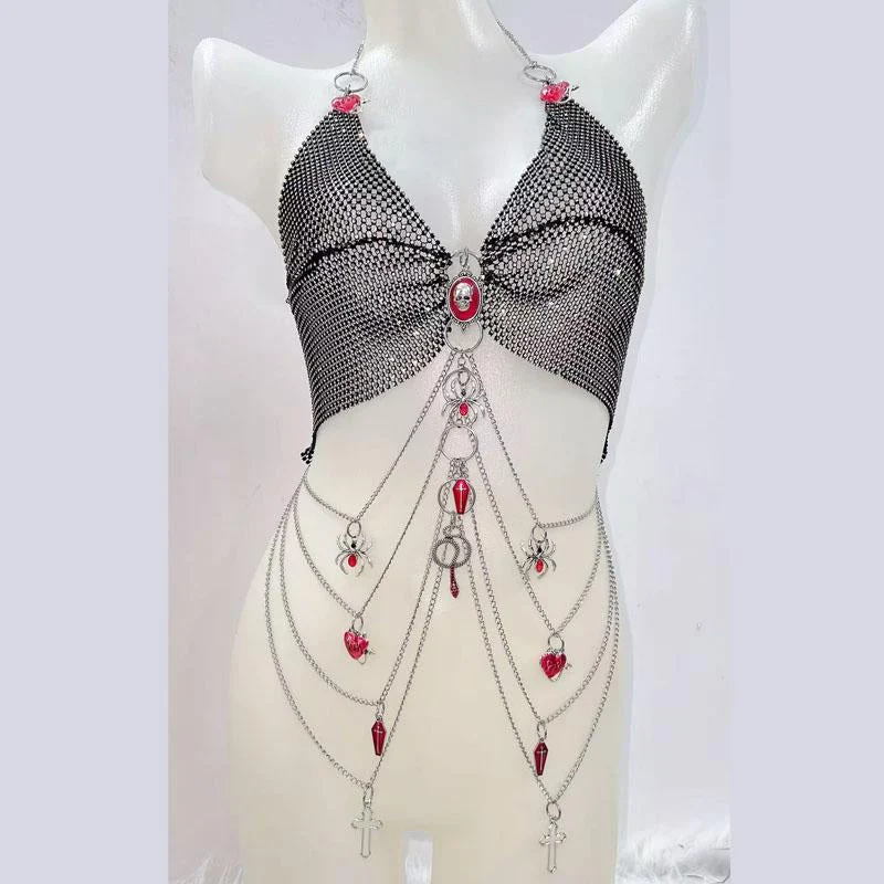 Gotische metalen ketting met o-ring en kralen doodskop