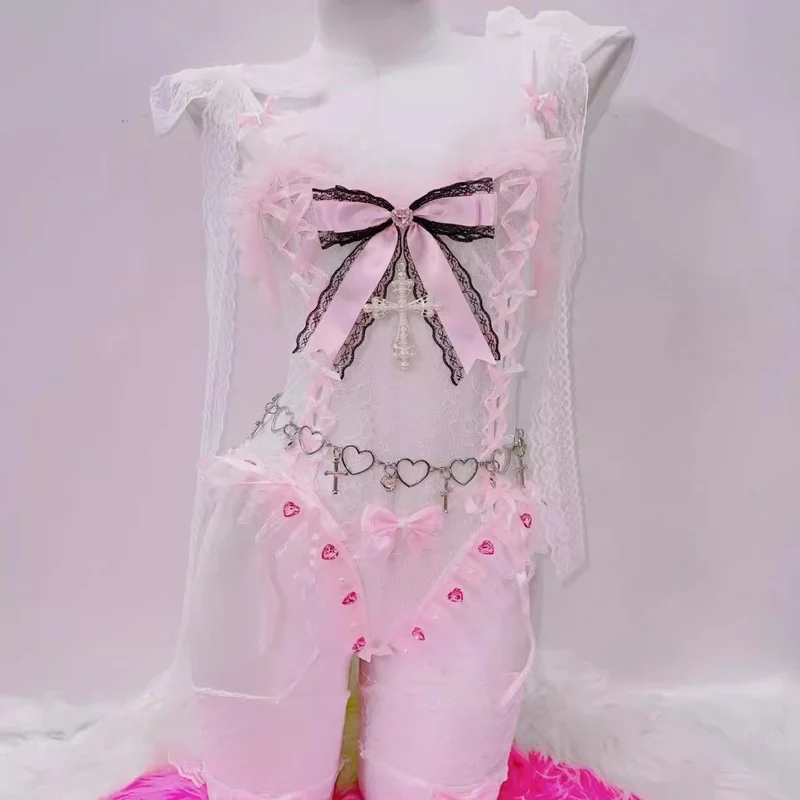 Fairycore minirokje met strik en kanten zoom, gewatteerd en met setje
