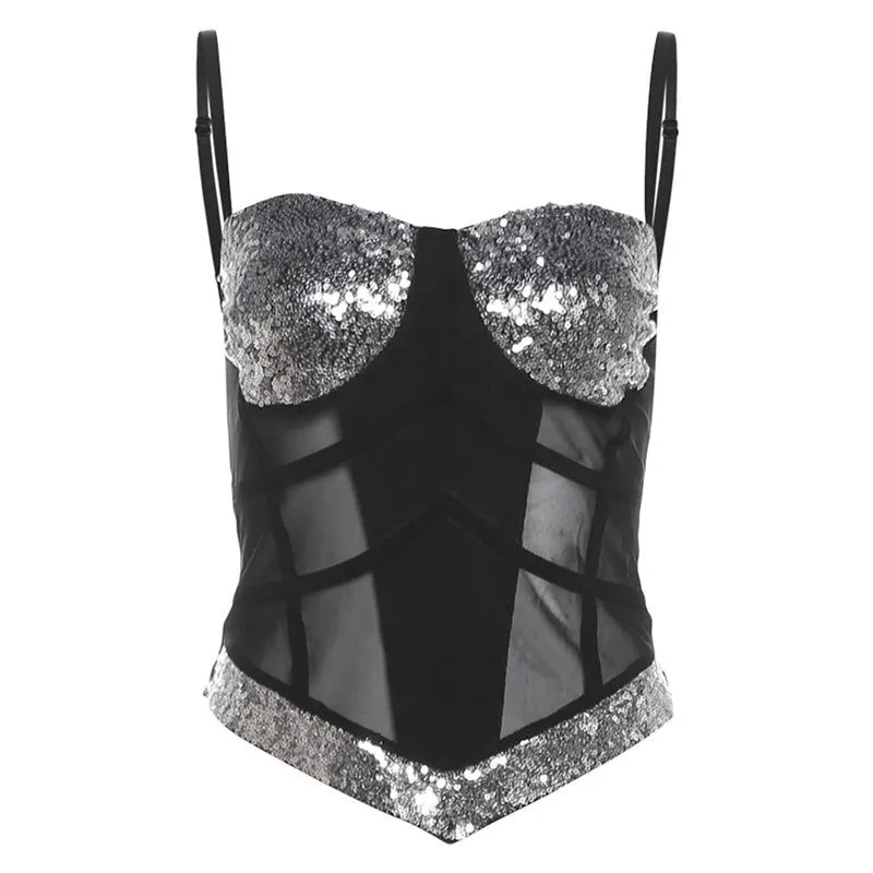 Gotische glitter cami top met V-hals en open rug