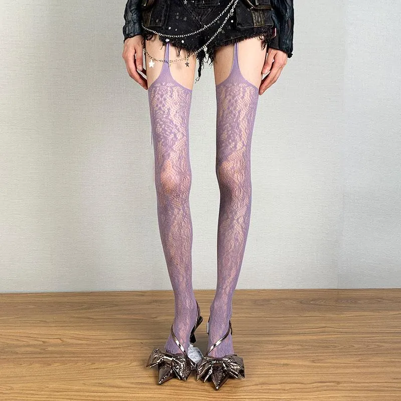 Jarretel panty met doorschijnend kant en bloemenpatroon