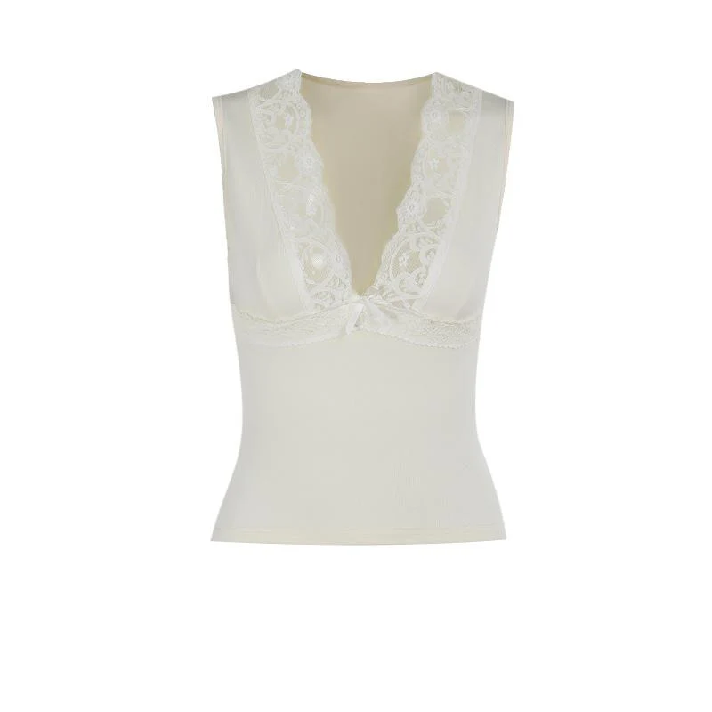 Fairycore lace hem deep V neck top