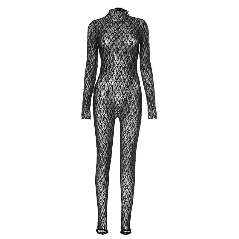 Lange mouwen, kanten, hoge hals, doorschijnende jumpsuit met ritssluiting