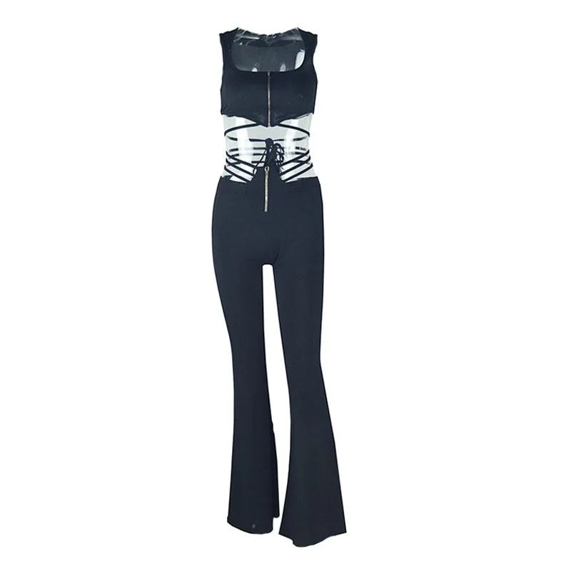 Grunge broek met ritssluiting en strikceintuur, ribstof en vierkante hals