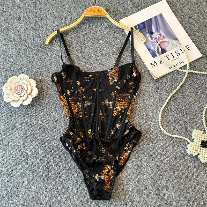 Fairycore lace flower print corset cami bodysuit