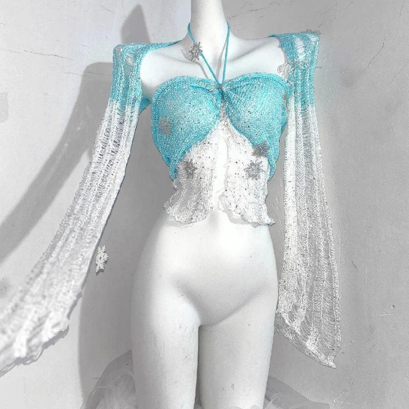 Grunge glitter knitted hollow out shrug pant set