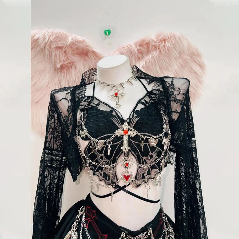 Fairycore lace pattern metal chain top