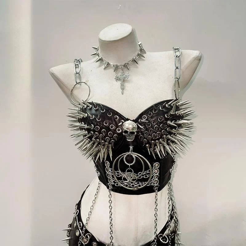 Schedel o-ring klinknagel PU leren metalen ketting cami top