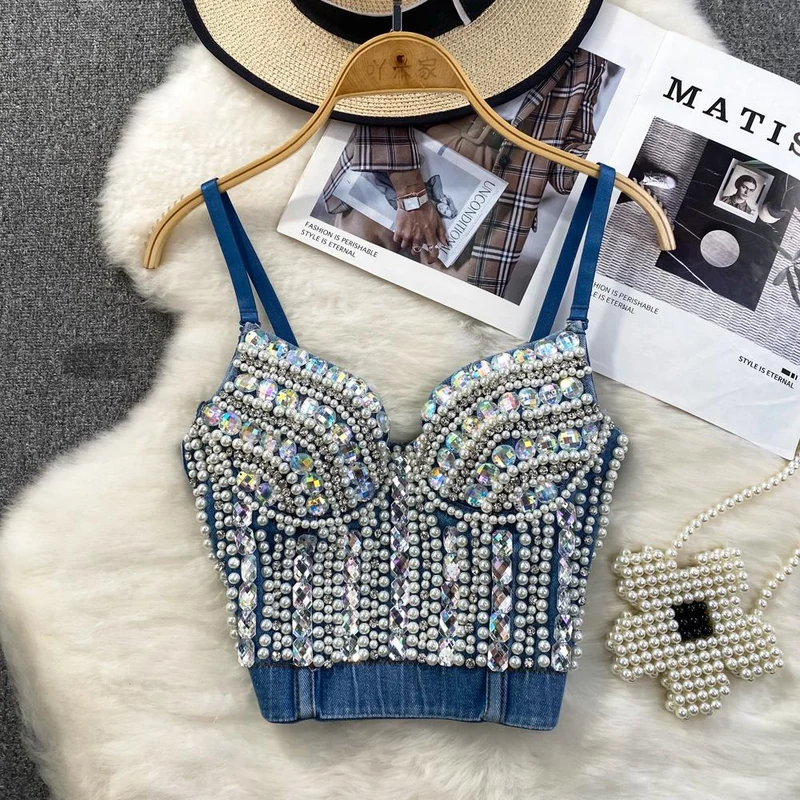 Grunge denim cami top met kralen, V-hals en open rug