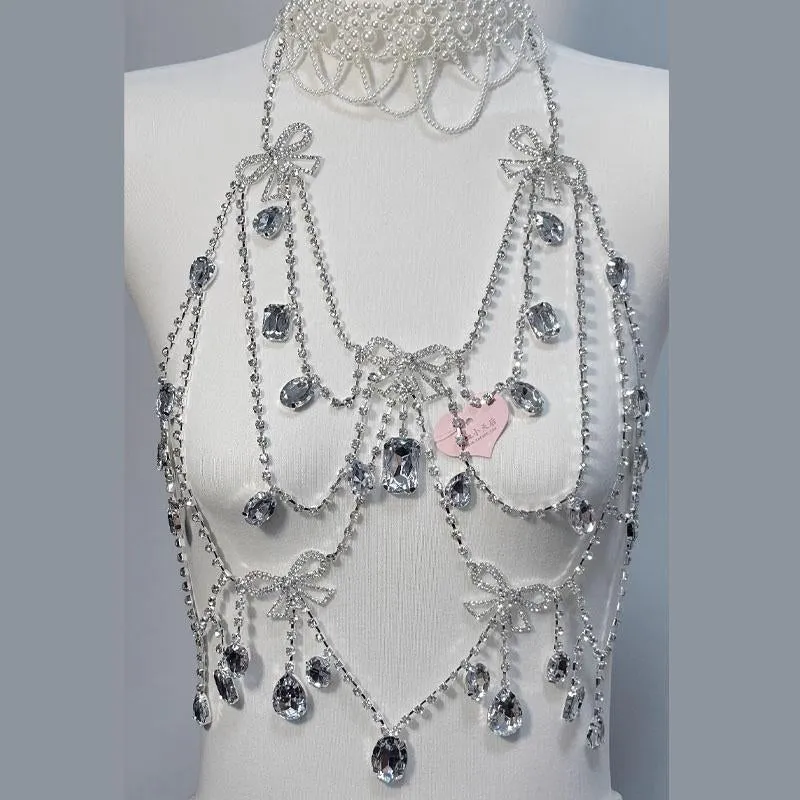 Fairycore halter bowknot beaded hollow out top