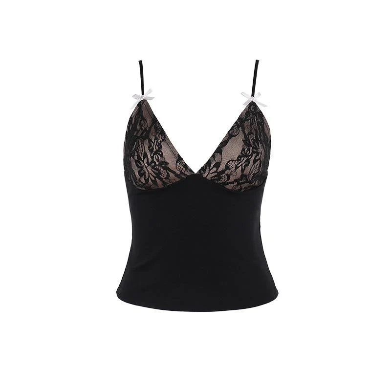 Fairycore bowknot deep V neck backless lace cami top