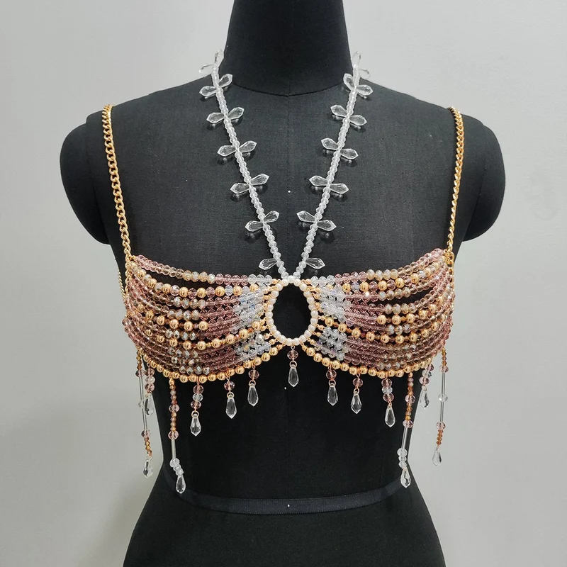 Halter crop top met kristallen kralen en kwastjes