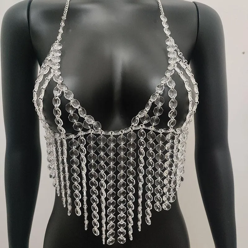 Y2K halter crystal beaded hollow out top