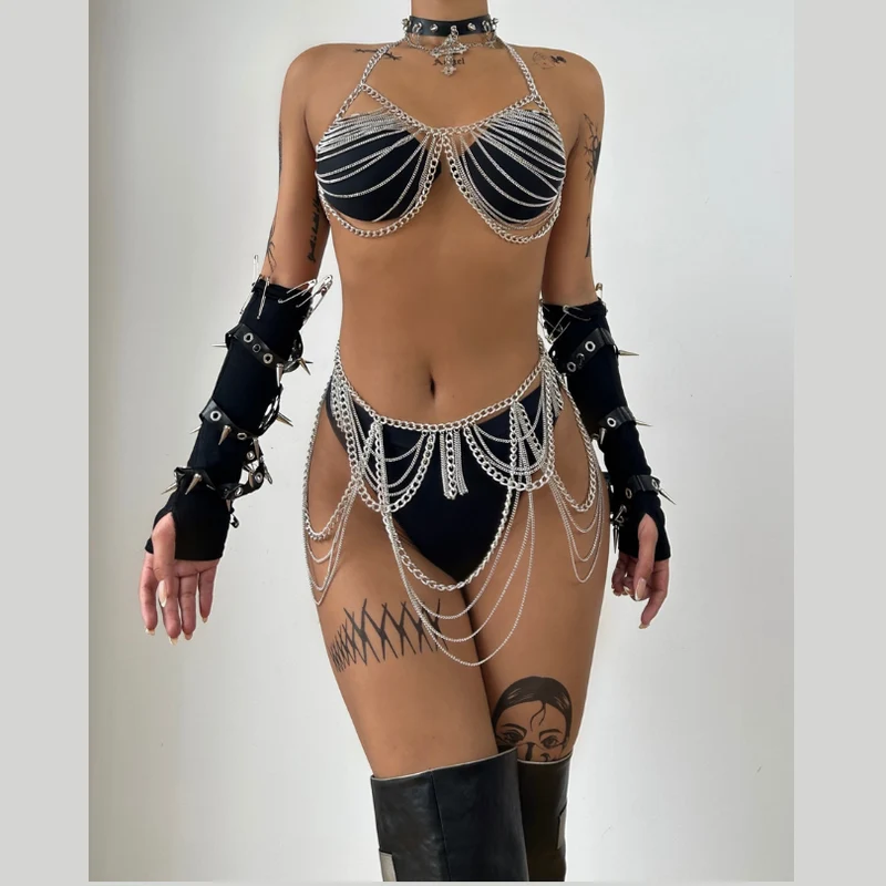 Goth halter metal waist chain set