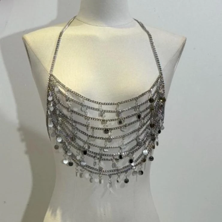 Halter glitter metalen ketting holle top