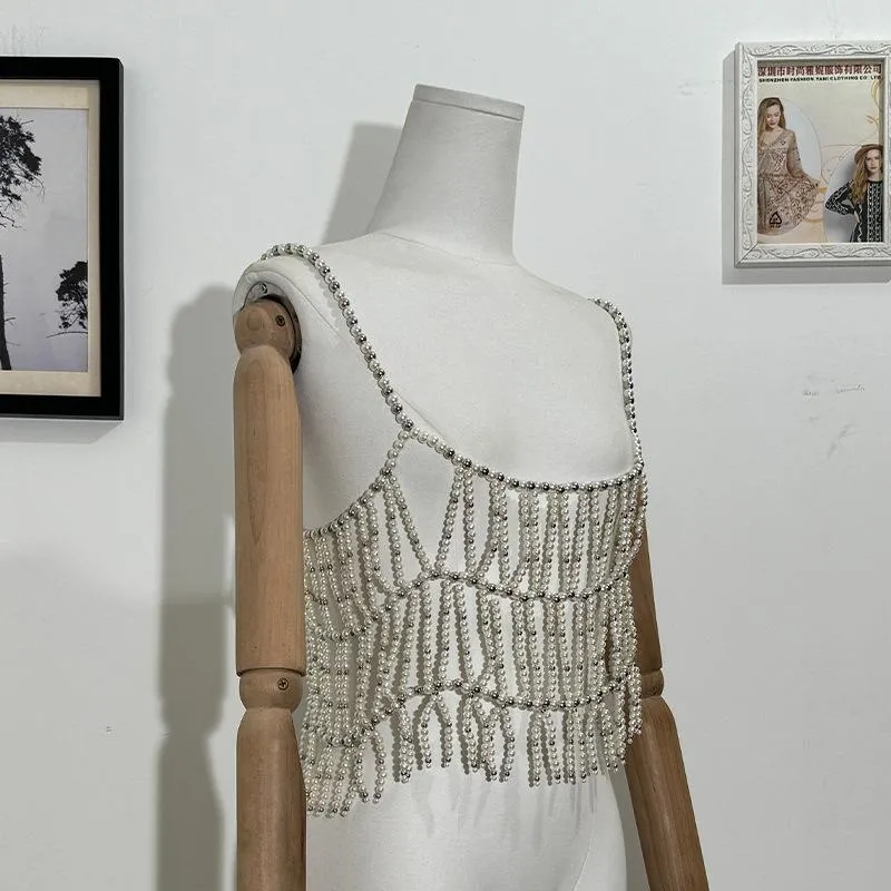 Grunge beaded u neck hollow out top