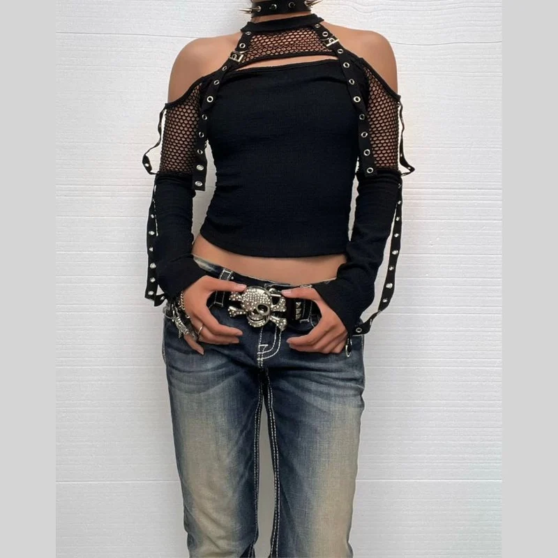 Goth fishnet patchwork buckle top