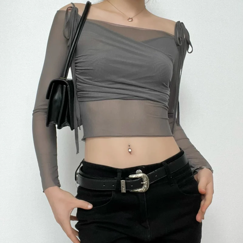 Lange mouwen mesh zelfstrikken off shoulder effen crop top grunge 90s Streetwear Diseveled Chic Fashion grunge 90s Streetwear Distressed Fashion