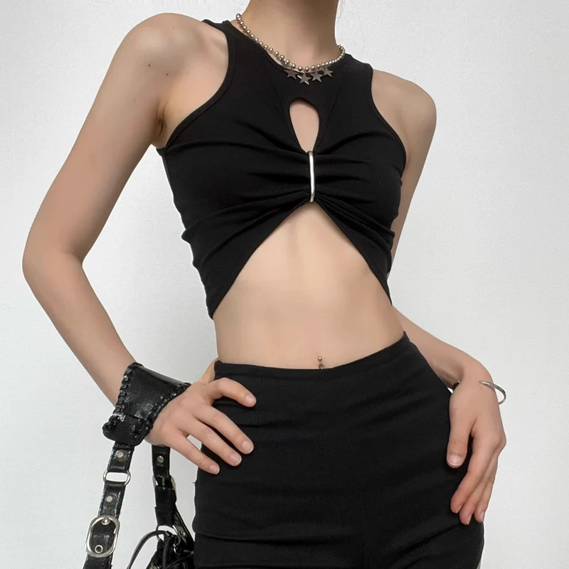 Uitgeholde mouwloze ronde hals gerimpelde effen crop top goth Alternative Darkwave Fashion goth Emo Darkwave Fashion