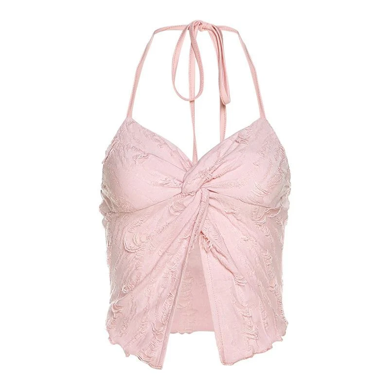 Haltertop met zelfstrikkende V-hals, textuur en knoopsluiting, Y2K 90s Revival Techno Fashion
