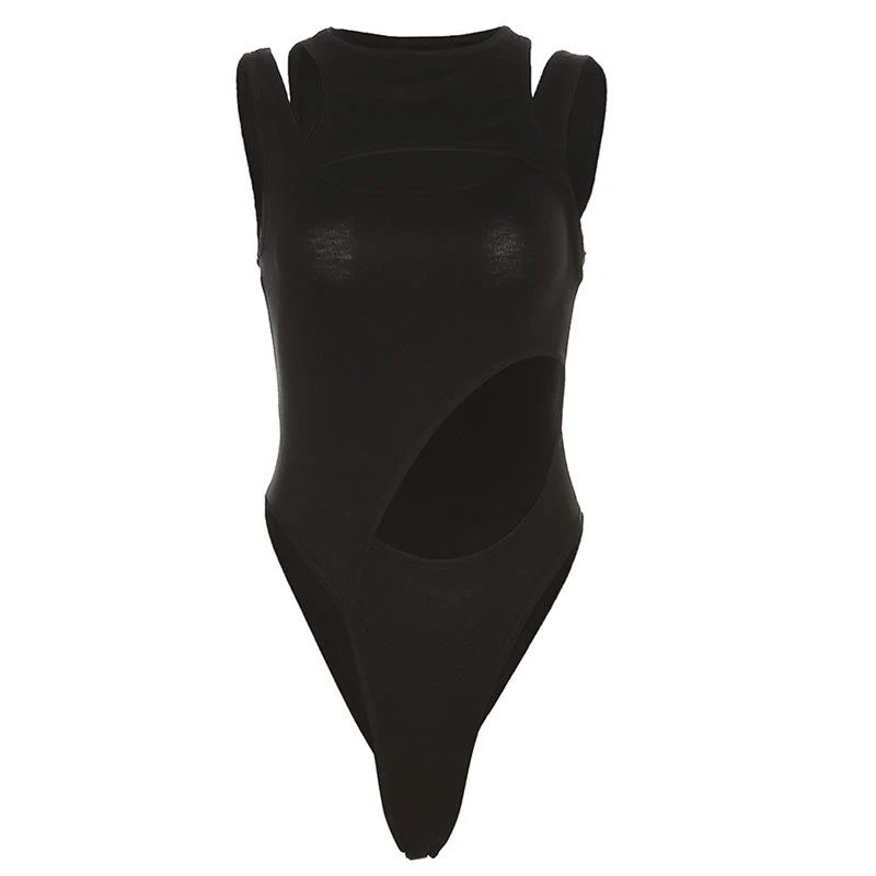 Y2K uitgeholde, onregelmatige patchwork bodysuit