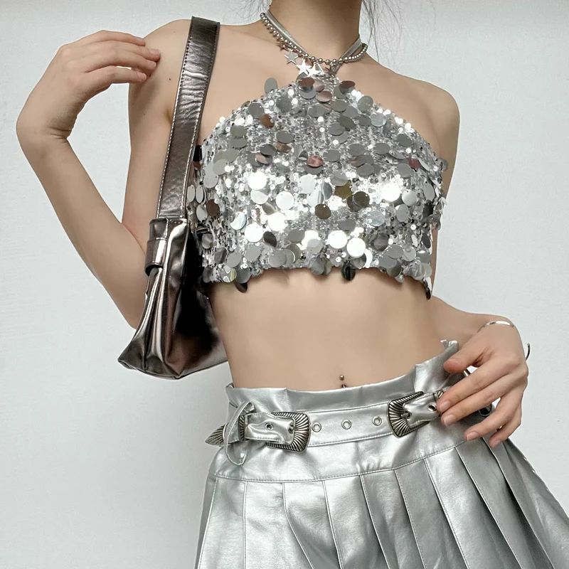 Y2K halter crop top met zelfstrikkende glitter