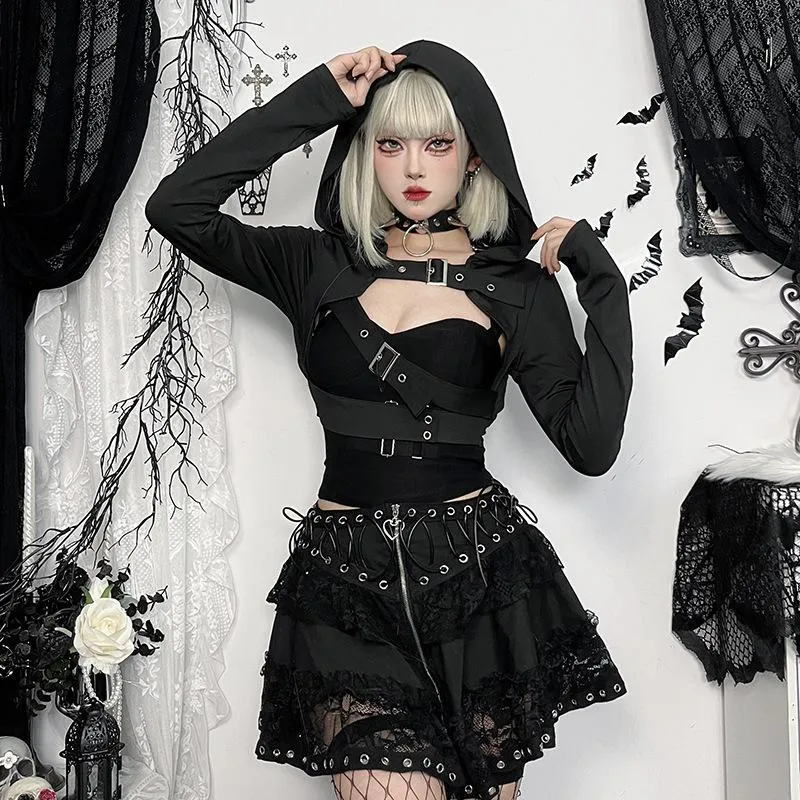 Goth hoodie long sleeve buckle crop top