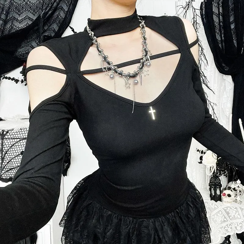 Goth high neck hollow out metal top