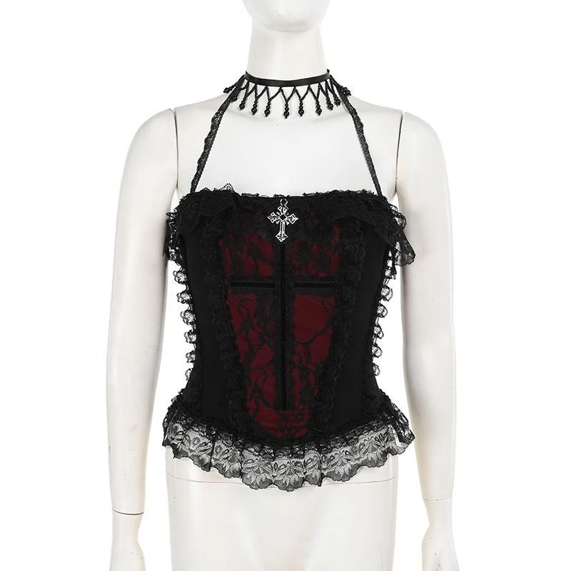 Fairycore halter lace hem ruffle top
