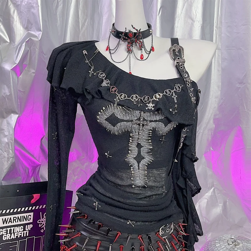 Goth one shoulder buckle cross pattern top