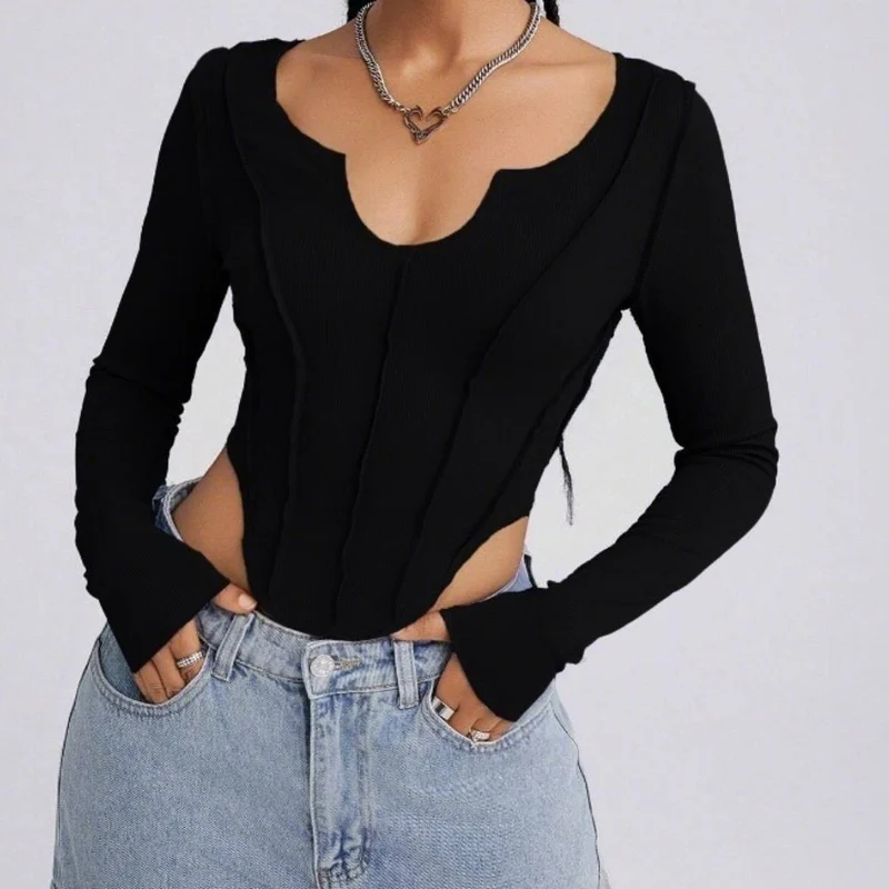 Grunge top met lange mouwen en stiksels, effen