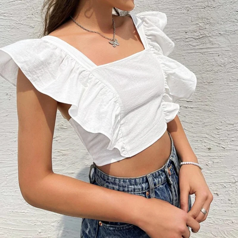 Grunge top met korte mouwen en vierkante hals